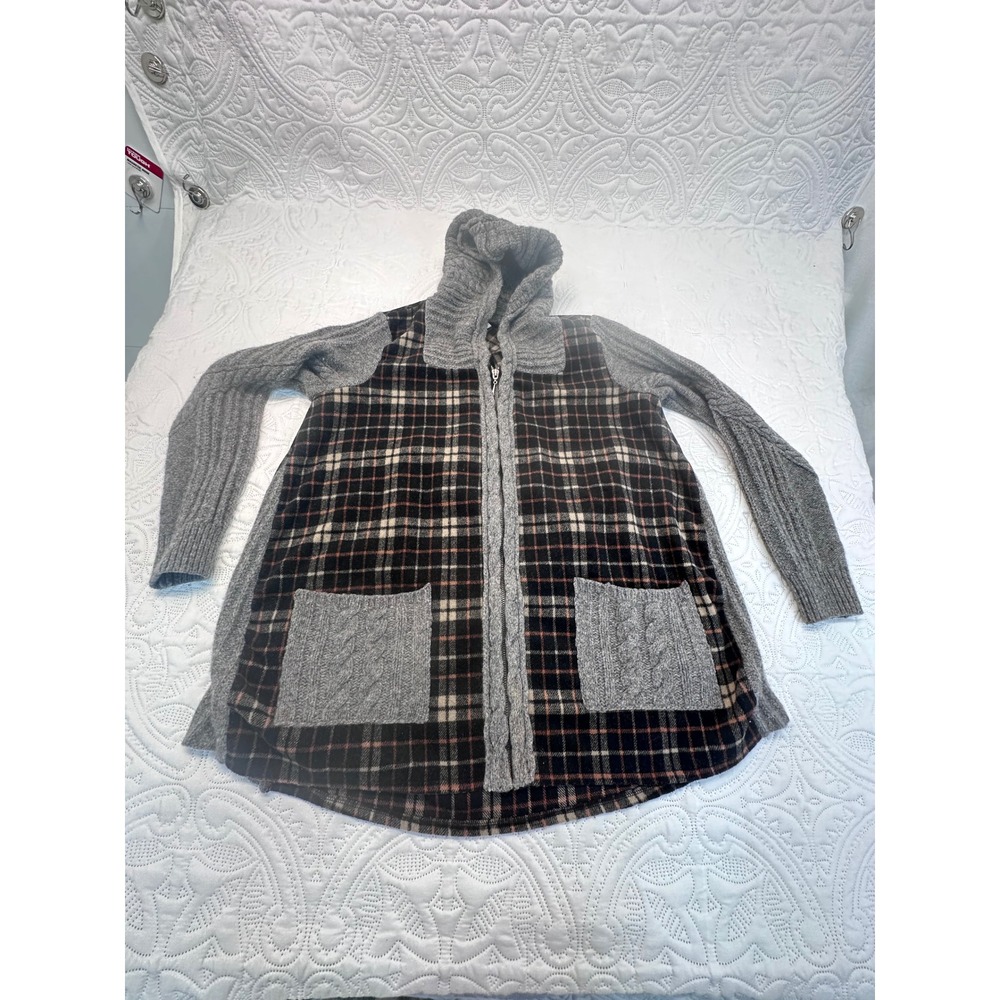 Moth Anthropologie Plaid Wool Blend Hooded Zip Cardigan Grey Brown Medium